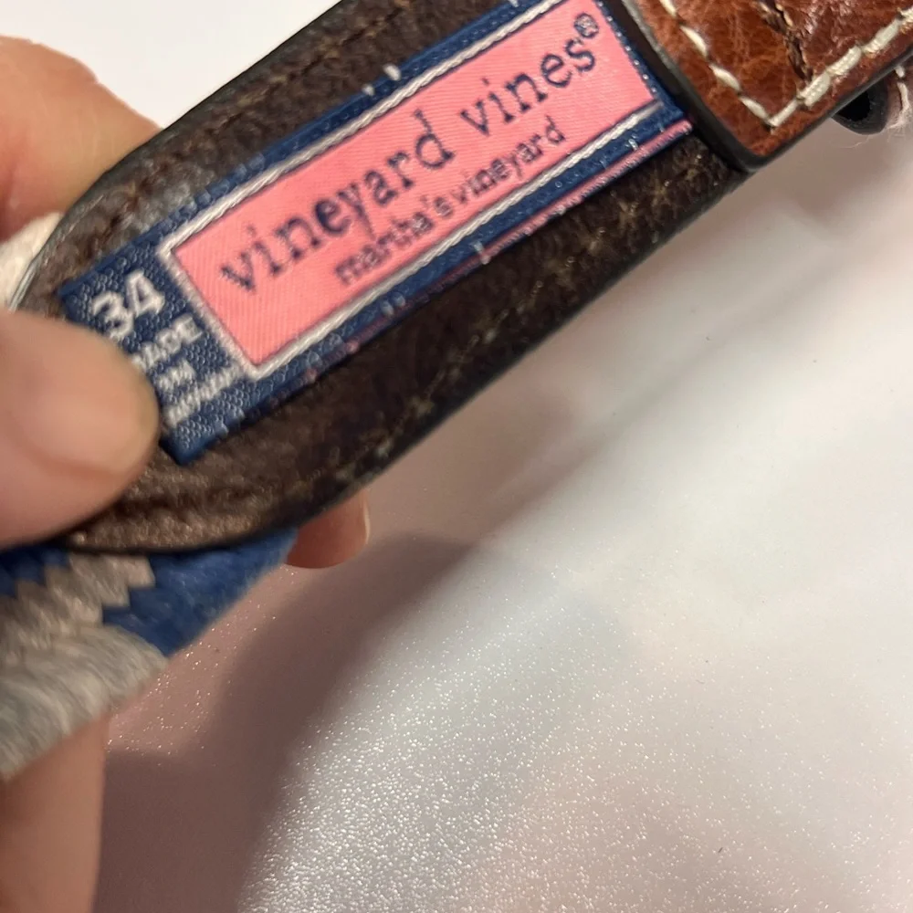 Vineyard Vines Belt Blue and White checked Cotton Leather Trim  Size 34